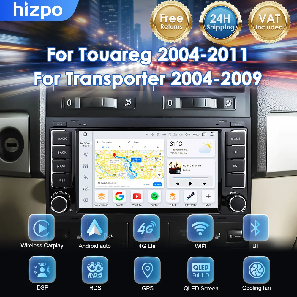 Systèmes intelligents de voiture Hizpo 7 pouces pour Volkswagen VW Touareg Multivan T5 Transporte 2004-2009 GPS 2din sans fil CarPlay Android Auto Lecteur multimédia GPS