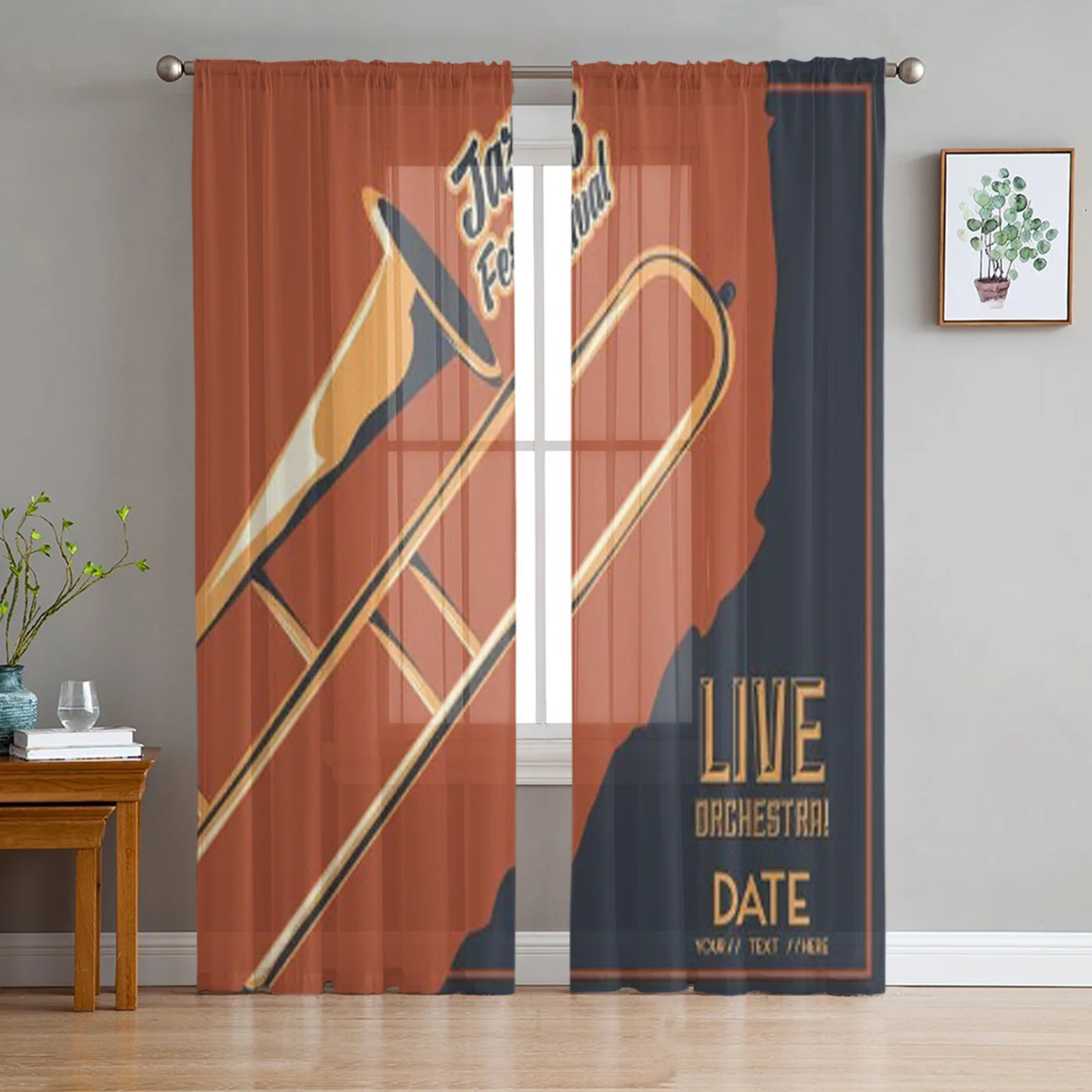 Jazz Festival Poster With Trumpet Instrument Tulle Curtains For Living Room Sheer Curtain Bedroom Veil Organza Decorative Drapes