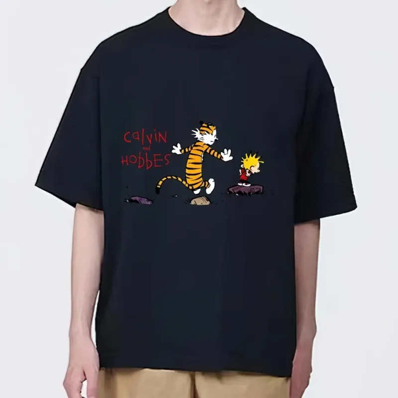 Cartoon C-Calvin and H-Hobbes T Shirt Men Couple Combination Clothes Short Sleeve Collar Fashion woman Cotton