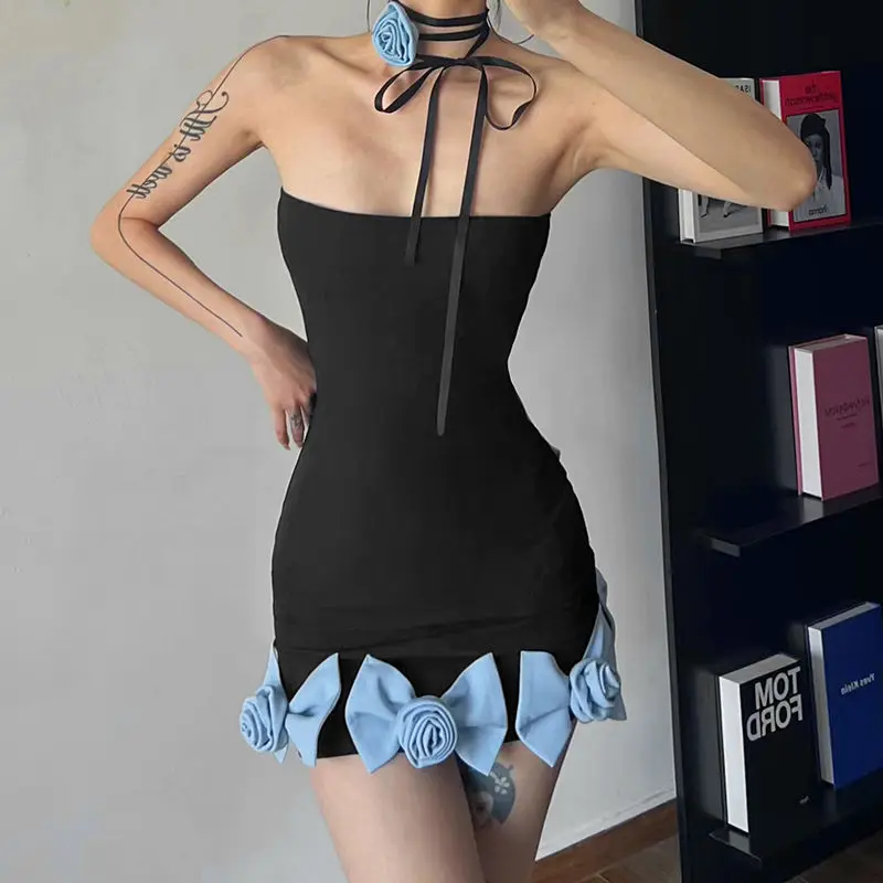 Summer Fashionable Sexy Dress Female Korean Fashion Patchwork Floral Midi Dress Women Clothes Bright Line Decoration Tight Dress