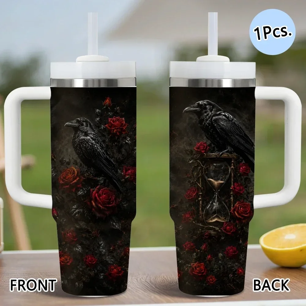 Gothic style crows Vacuum Flasks 40oz Stainless Steel Insulated Tumbler with Handle & Straw Leakproof Travel Mugorders for other colors will be shipped randomly in black or white