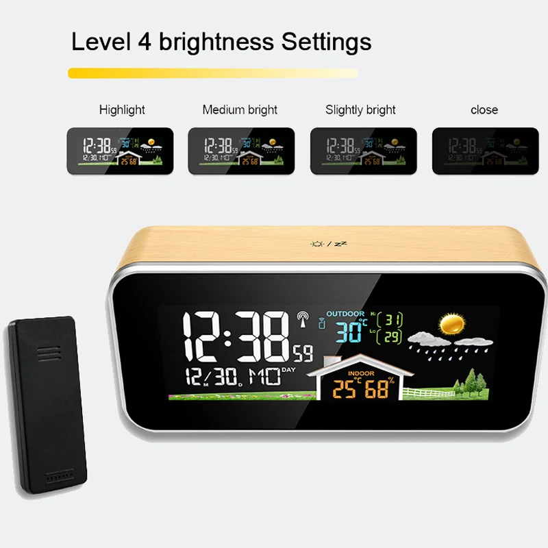 Wooden Weather Station Alarm Clock LED Digital Thermometer Hygrometer Wireless Indoor Outdoor Temperature Humidity Meter Sensor