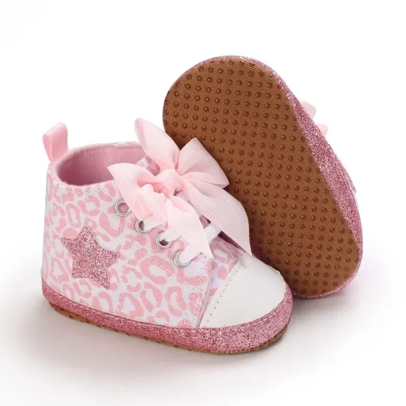 Meckior Baby Star Canvas Shoes Glittering Bowknot Soft Sole Anti Slip Baby Girls Shoes High-top Toddler Lace-up Princess Shoes