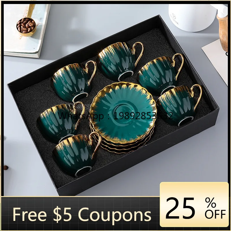 

Gold-plated dark green coffee cup brocade box set, mug event gift 6 cups 6 plates gift box set