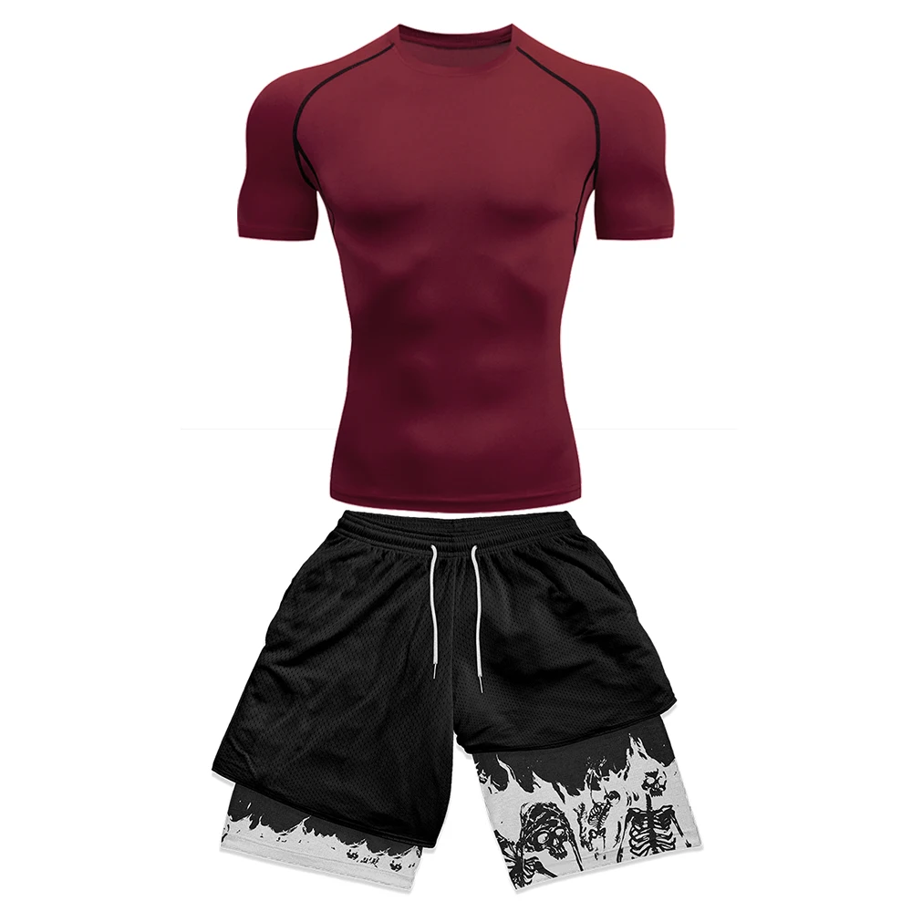 

Mens Fitted Athletic Plain Compression Short Sleeve Top + Skeleton Graphic Dual Layer Running Shorts Fitness Workout 2PCS Set