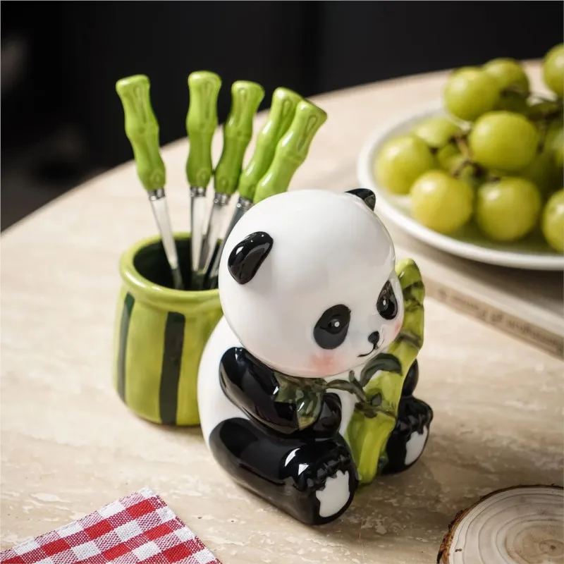 

Ceramic Creative Panda Shaped Fruit Forks Stainless Steel Household Fruit Fork Dessert Children's Tableware Cute Fruit ForkZI100