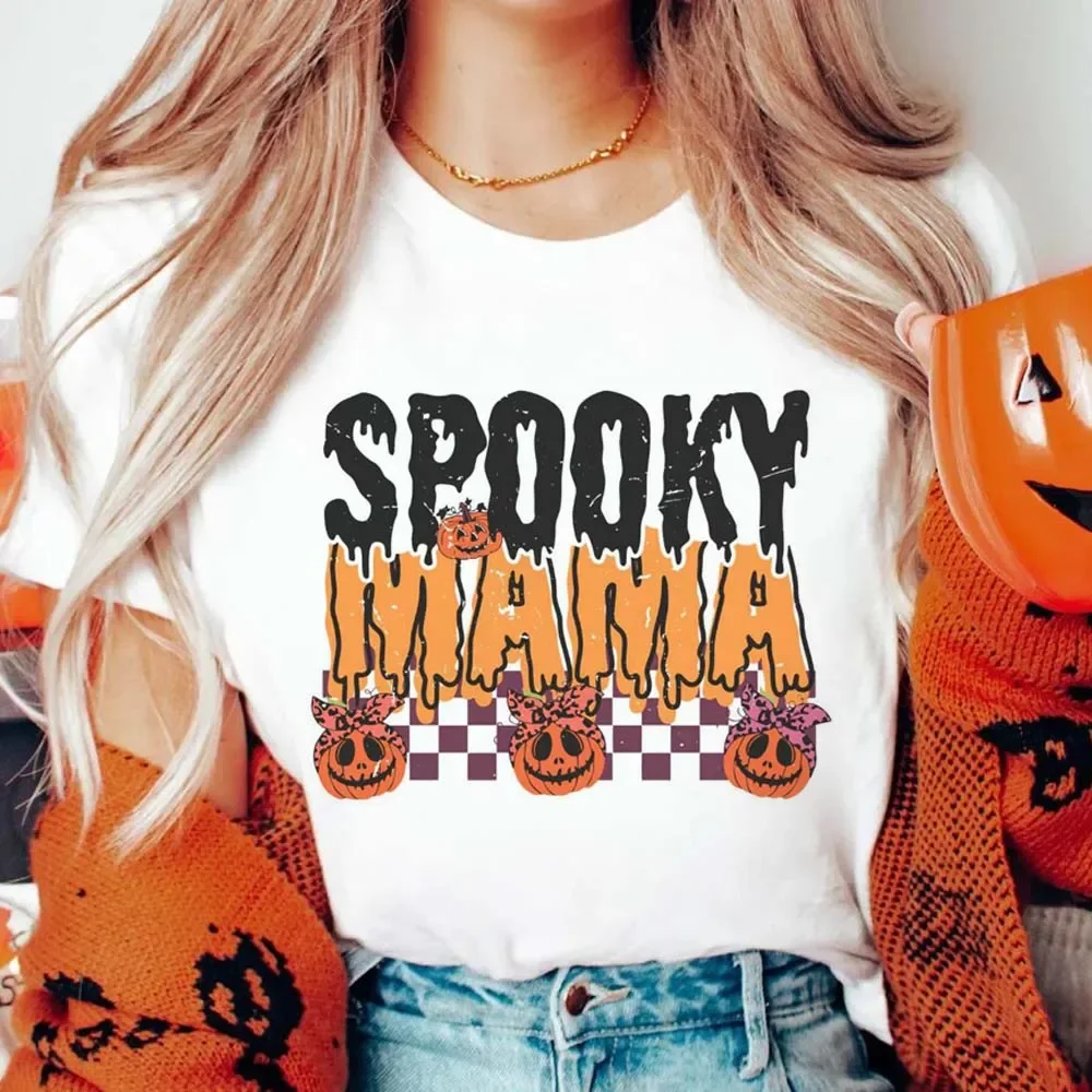 Checked Spooky Mama Pumpkin Printed T-Shirt with Cartoon Pattern O-Neck Trendy Street Print Fashion Versatile Halloween T-Shirt