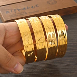 65MM Bracelet Width 14mm Gold Color Bracelet Women Girls Round Dubai Bangles African Wedding Jewelry #026