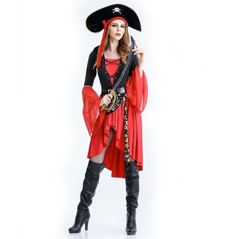 

1set/lot Pirate Costumes Performance Sexy Adult Halloween Costume Dress Woman Polyester Pirate Costume