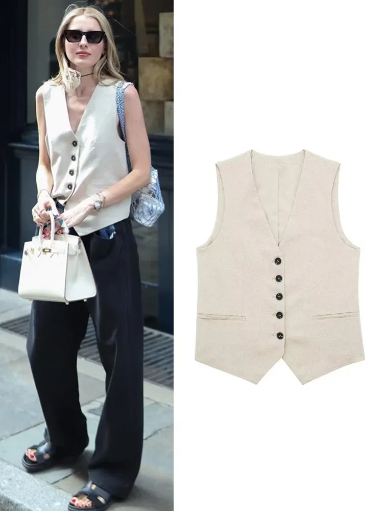 Linen Vests for Women Sleeveless Suit Vest Coat Woman 2024 Autumn Korean Fashion Female Black White Suit Vest Top