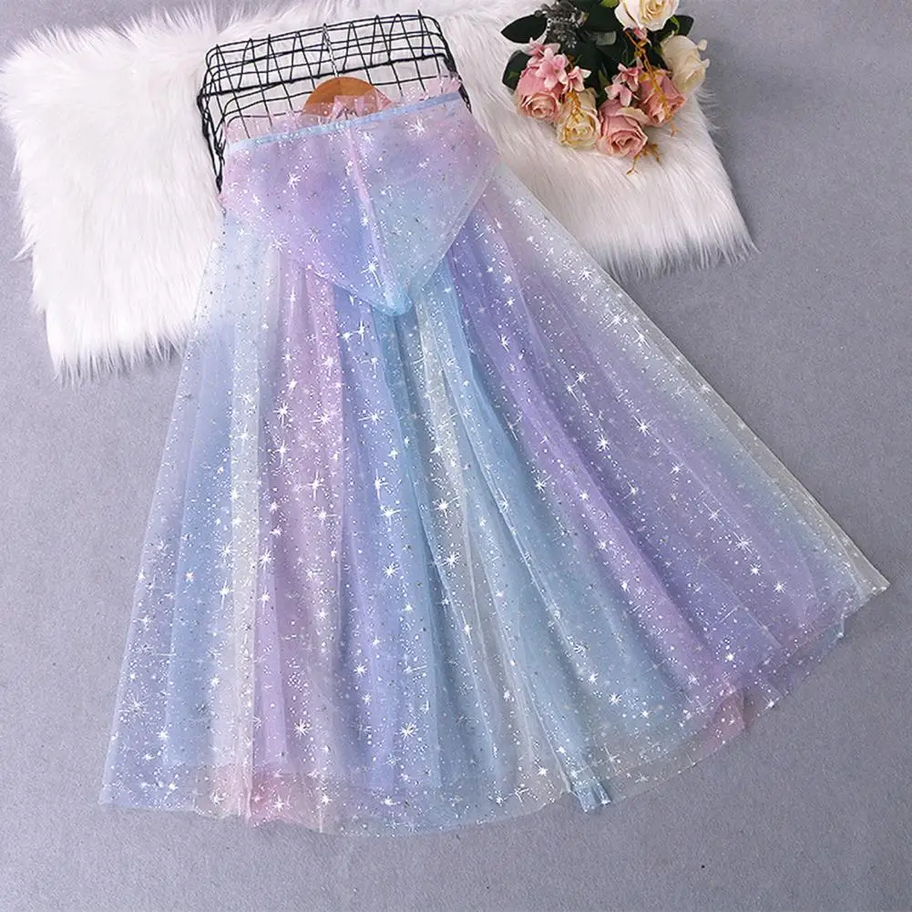 

Sheertulle Cape Girls Hooded Cloak with Star Snowflakes Peacock Feather Sheer Ruffle Tulle Stage Performance Cosplay for Kids