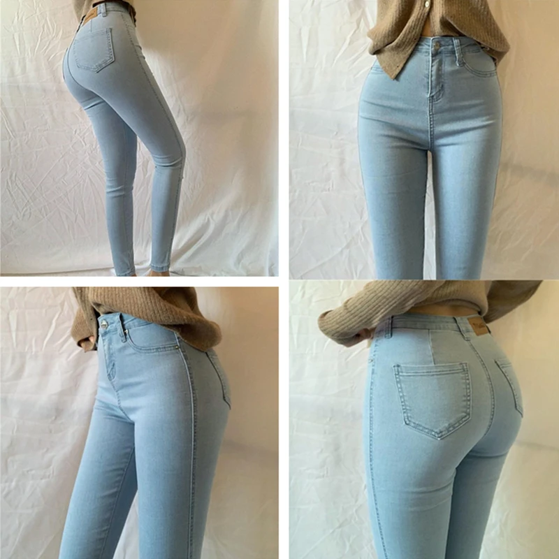 High Waist Elastic Slim Fit Women's Jeans Cotton Stretch Denim Pencil Pants Peach Butt Nine Point Ankle Length Trousers