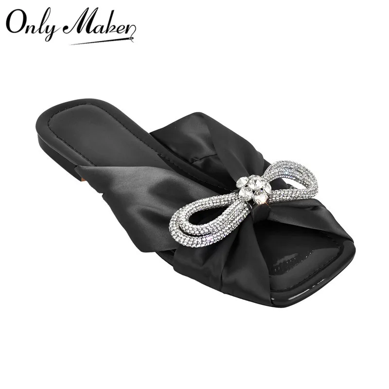 Onlymaker Women\'s Square Toe Flat Rhinestone Bow Black Pink Sandals Big Size Slippers