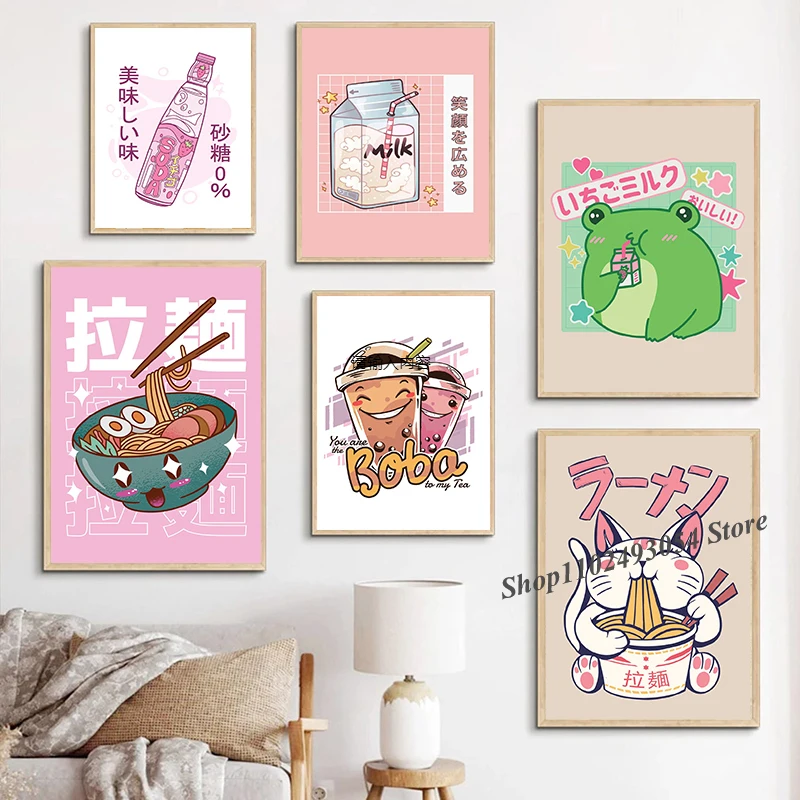 Japanese Kawaii Cuisine Poster Ramen Drink Milk Canvas Painting Wall Picture Soda Water Vapor Wave Print Restaurant Decoration