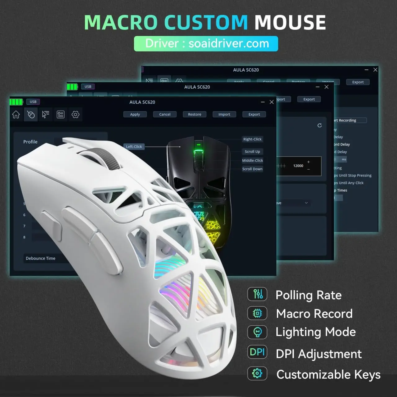 AULA SC620 New Gaming Mouse Wired/Bluetooth/2.4G PAW3311 Light Weight  Adjustable 12,000 DPI Long Battery Life PC E-Sports Gamer