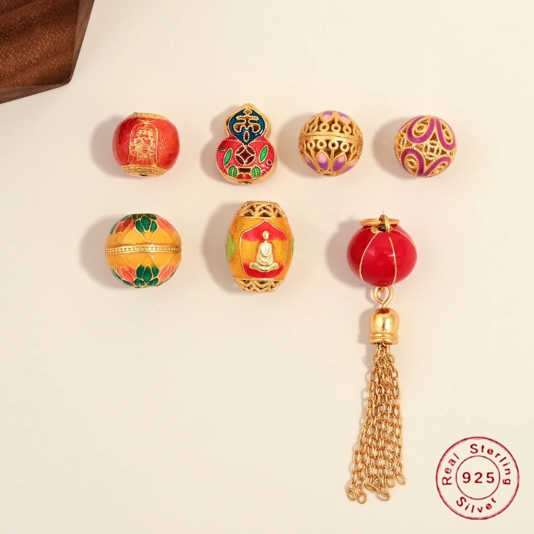 S925 Sterling Silver Colorful Enamel Pattern Spacer Bead Lantern Pendant, for Handmade Jewelry Accessories SZ241