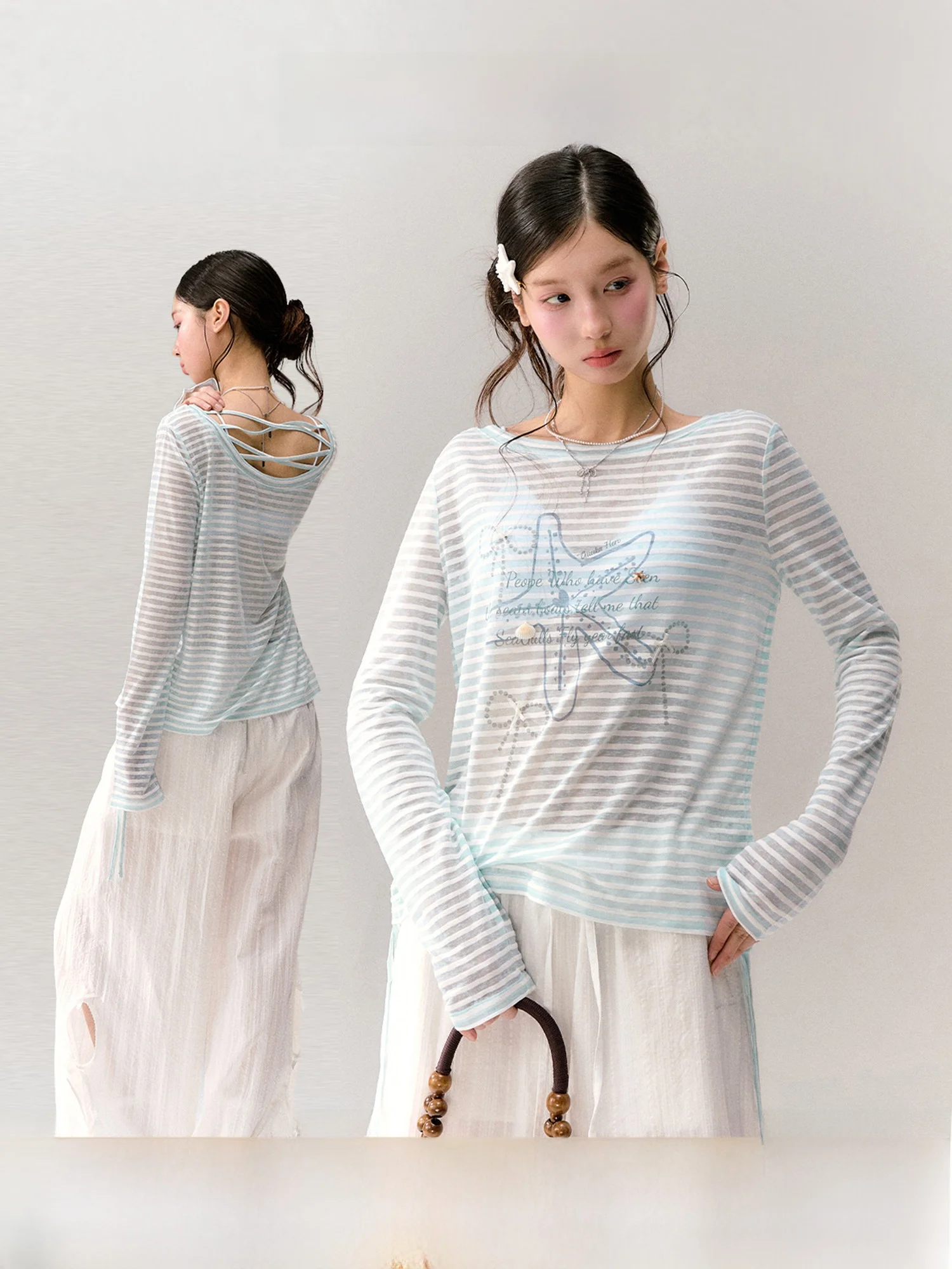 Guukahero Light Blue Striped Long Sleeve Women's T-shirt Breathable Semi-Transparent Loose Fit Summer Top Korean Style