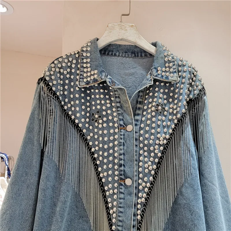 Heavy Work Rivet Diamond Chain Tassel Denim Coat Women Autumn Loose Long Sleeve Blue Short Jeans Jacket Female Casual Streetwear