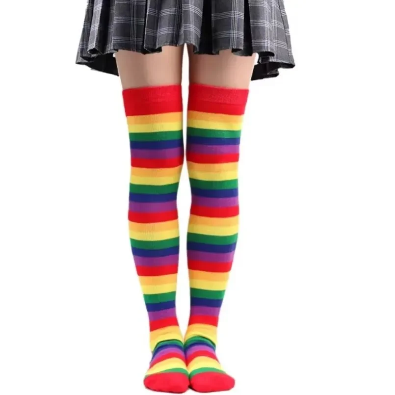 Lgbt Stockings Womens Ladies Girls Long Thigh High Socks Rainbow Over Above Knee Striped Cotton Socks Female Cosplay Lolita