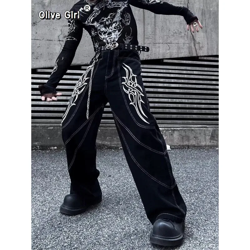 

Мужские и женские джинсы в американском стиле, свободные, повседневные, прямые, мешковатые, с вышивкой, оверлоком, джинсовые брюки, хип-хоп, рабочая одежда