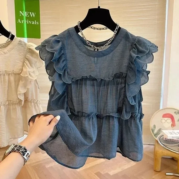 

Летний свободный круглый топ Sweet Girl Ne irt с Fly Sve And Lotus Le Women's Faion Commute Sle ort Sve Top