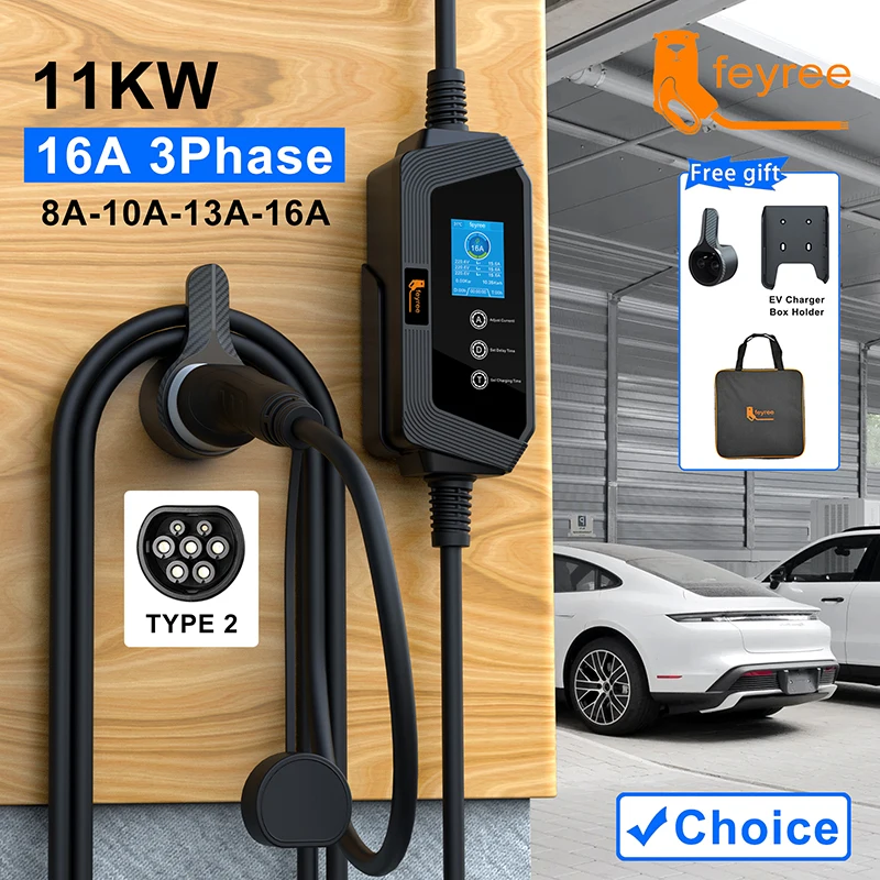 

feyree Type2 Portable EV Charger 11KW 16A 3 Phase EVSE Charging Box 5M Cable with CEE Plug IEC62196-2 Electric Vehicle Charger