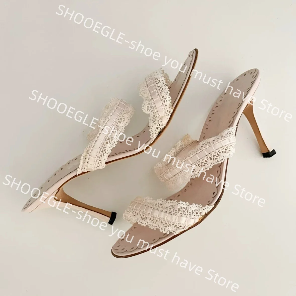 

Women's Nude Lace Scalloped Edge Stiletto Heel Mule Shoes Elegant Slip-On Design Ladies Daily Wedding Summer Dress Retro Slipper