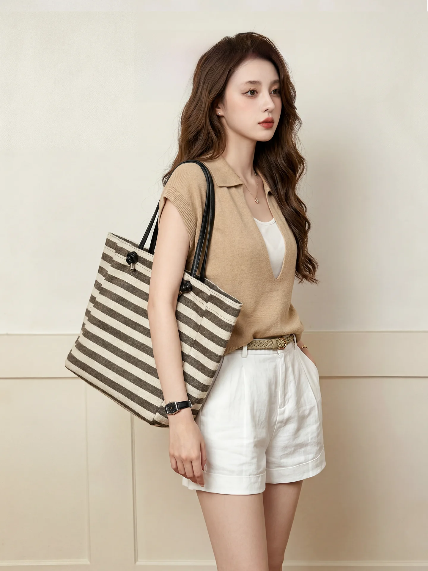 

Large Capacity Canvas Tote Bag Commuter Stripe Relaxing Feel Orange Girl Simple Casual Handbag Soft Handle Women's Bag
