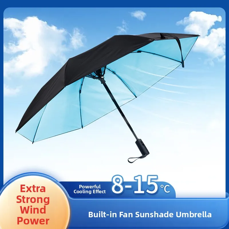 

Sunade Waterproof Umbrella with Fan Foldable Adult Manual Windproof UPF50+ Sunny Rain Umbrella Aluminum Alloy Sti