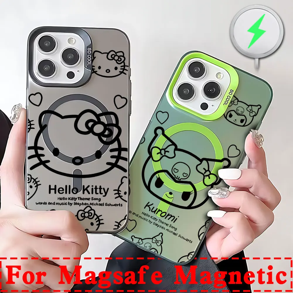 Cute Hello Kitty Kuromi Melody Magsafe Magnetic Case for iPhone 11 12 13 14 15 16 Pro Max Plus Soft Silver Plated Anti Cover