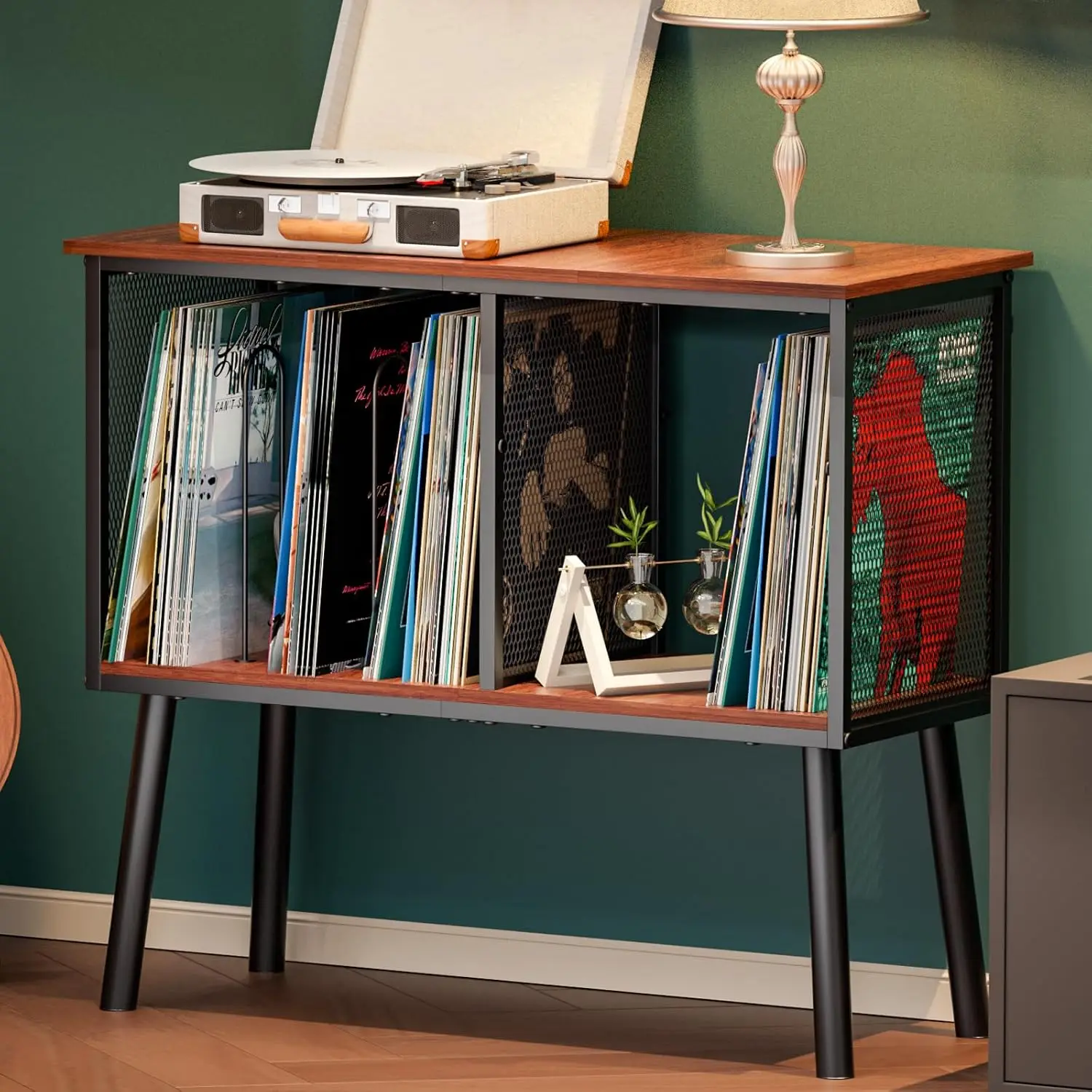 

Record Player Stand with Adjustable Divider Vinyl Storage Holder Up to 200 Albums Mid-Century Large Record Player Table