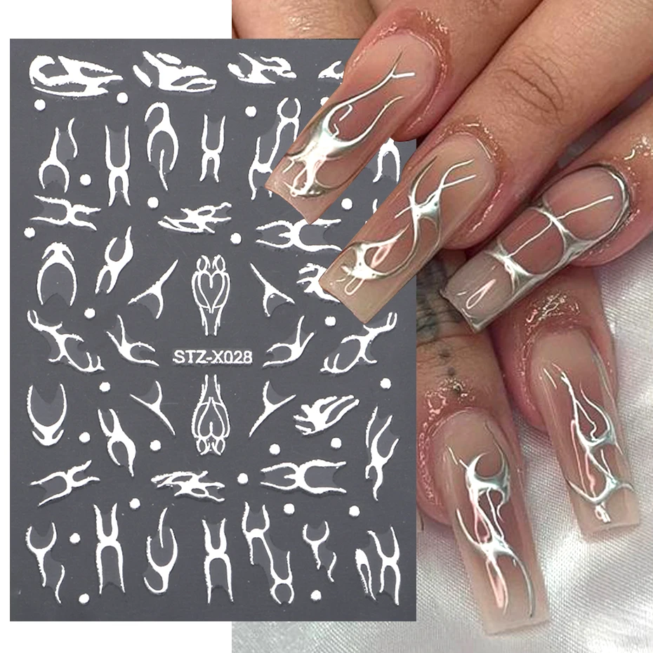 3D Silver Metallic Line Chrome Nail Sticker French Stripe Line Flame Metal Liquid Slider Heart Star Aesthetic Y2K Decals