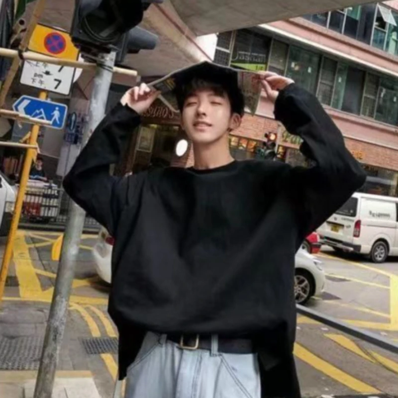 Mens Spring Fall Pure Cotton Side Slit Long Sleeve T-Shirt Loose White