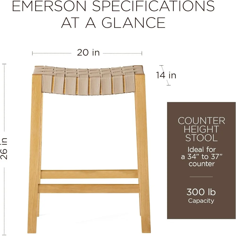 Emerson 26Inch Tall Counter Height Backless Saddle Barstool in Weathered Natural Wood Finish with Avanti Bone Vegan Leather Seat