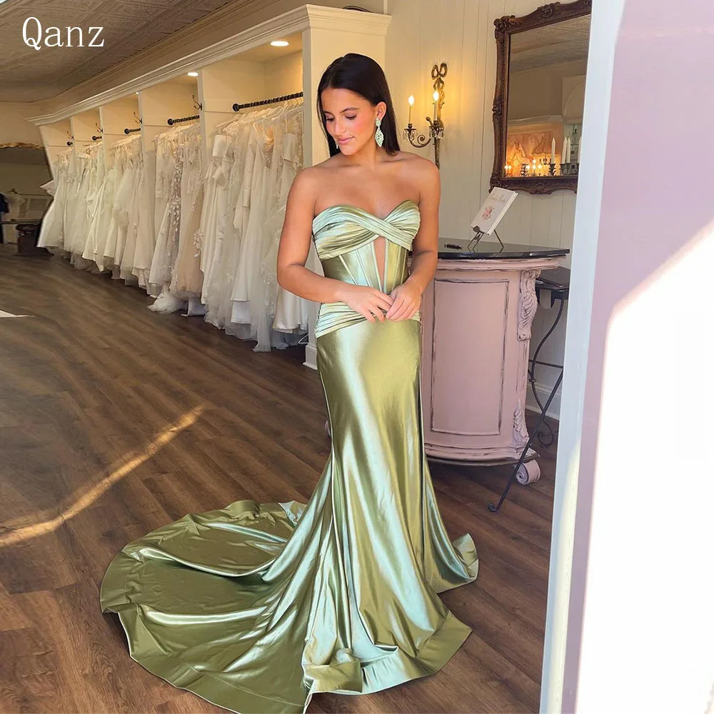 Qanz Sage Green فساتين سهرة عصرية من الساتان بدون حمالات حورية البحر فساتين لحضور الحفلات الموسيقية مخصصة ثوب طويل ذيل مثير فستان الحفلات