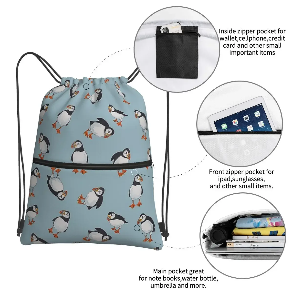 Perfectly Perfect Puffins Backpacks Drawstring Bag Multi-function Drawstring Bundle Pocket Shoes Bags For School Students