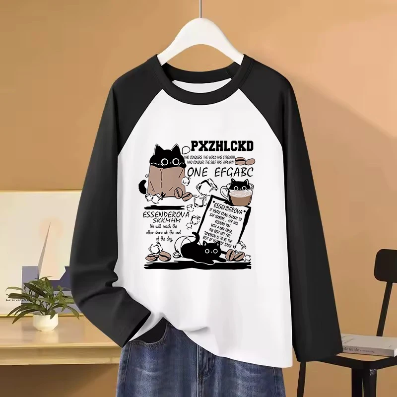 

Women's Casual Long Sleeve T Shirt with Cute Cat and Kawaii Letter Print Japanese Korean Style Tshirt Vintage Tees Tops T-Shirt