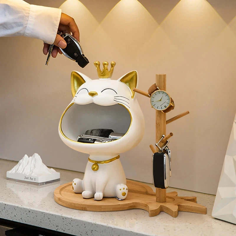 Cute Big-Mouthed Crown Cat Resin Storage Sculpture, Multifunctional Key Holder, Perfect Housewarming Gift