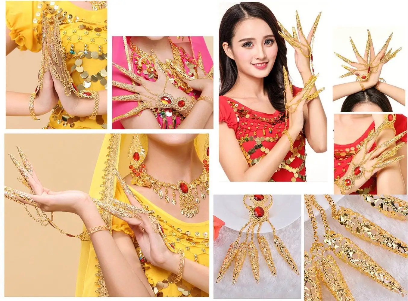 Belly Dance สร้อยข้อมือเครื่องแต่งกายเครื่องประดับเต้นรําอินเดียกําไลข้อมือ avalokitesvara เล็บชุดเล็บปลอมมือแหวน props ร้อน