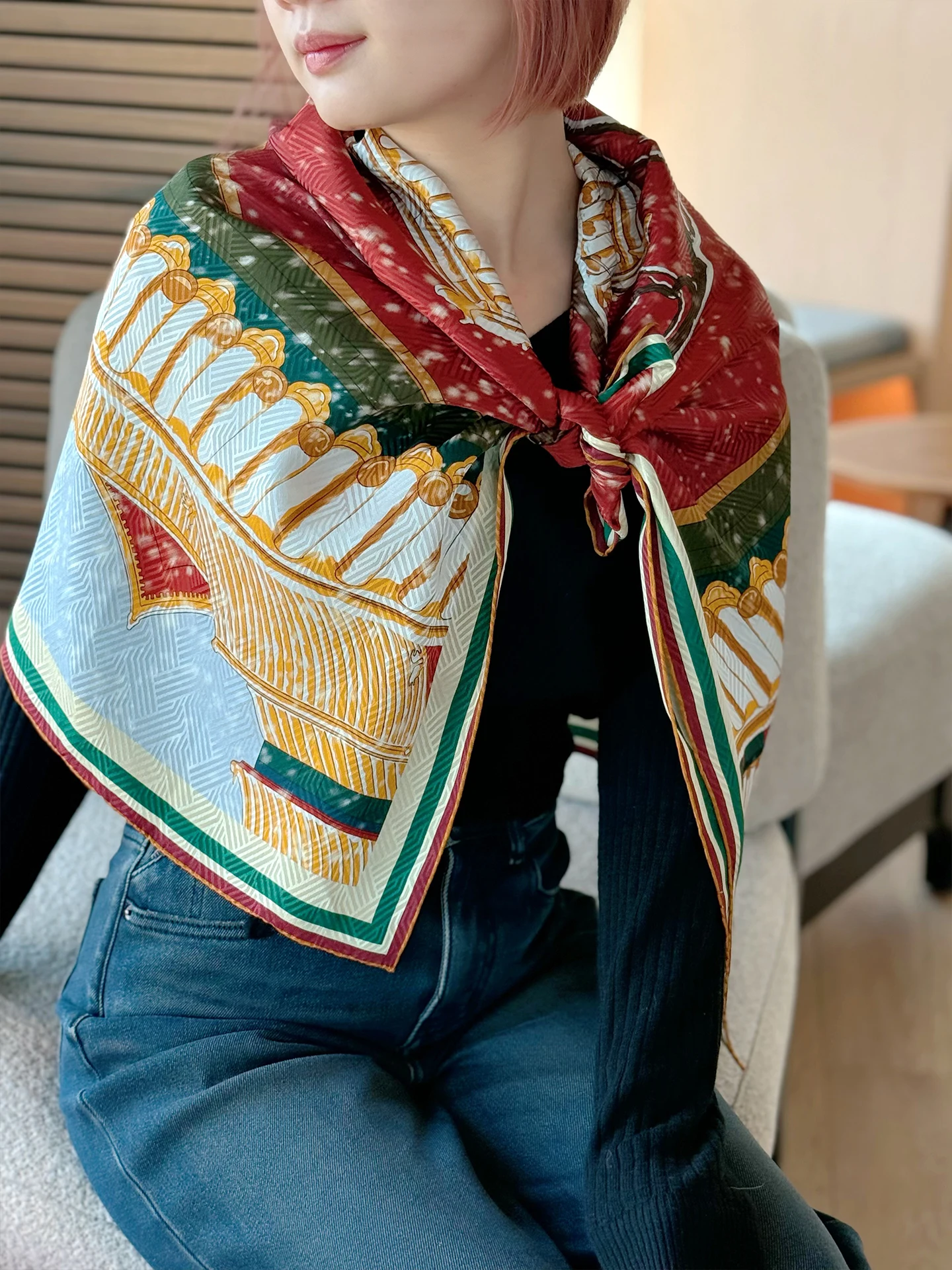 

KALIIYA Original Silk Scarf Women's Heavy Embroidery Scarf Shawl Winter Fashion Cultural Creative Roof Snow Design