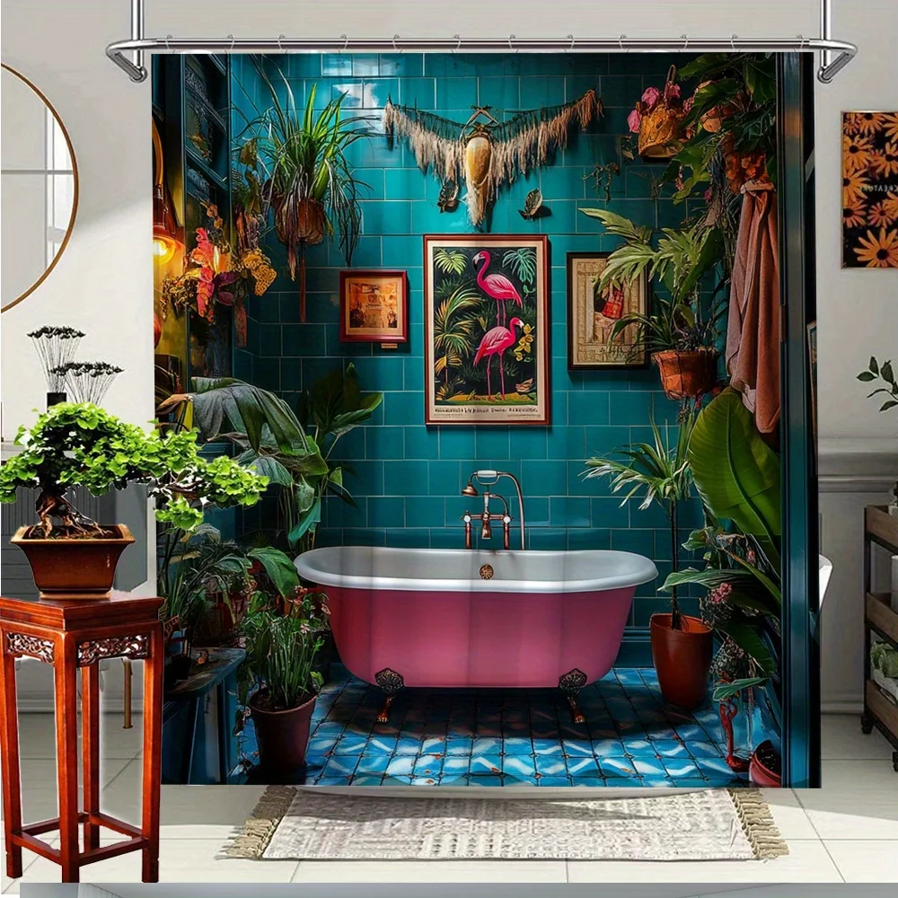 

Flamingos and Tropical Plants Shower Curtain-Vibrant design with pink flamingos, decorative shower curtain for the bathroom