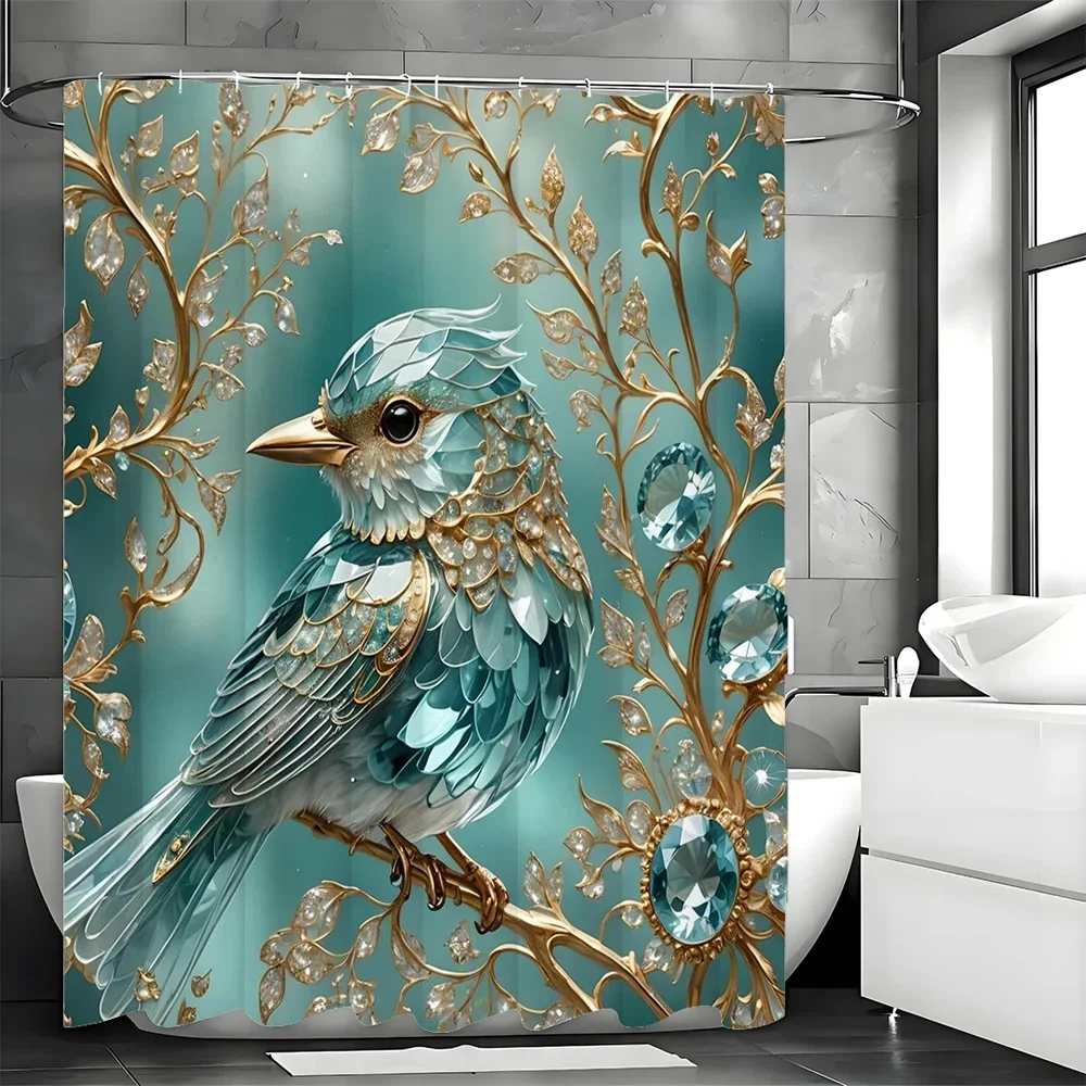 ~O~Blue Bird Tree Creative Jewel Shower Curtain, Bathroom Decorative Shower Curtain, Waterproof Shower Curtain with Hooks