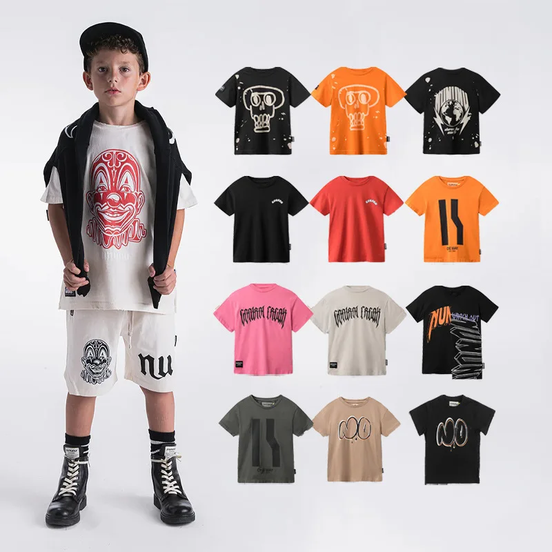 Children's Clothing Summer Boys And Girls Short-Sleeved Pure Cotton T-shirt Ruffian Handsome Print Medium Older Neutral  shirt