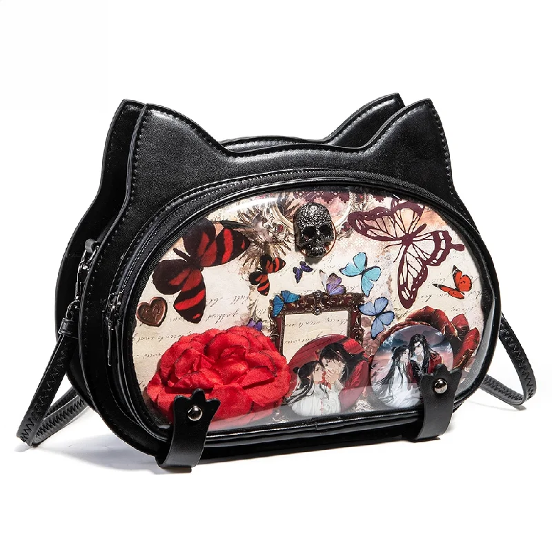 

Gothic Black Cat Ear Ita Bag, PU Leather Skull Decor Crossbody, Butterfly Rose Clear Window Handbag for Pins Display