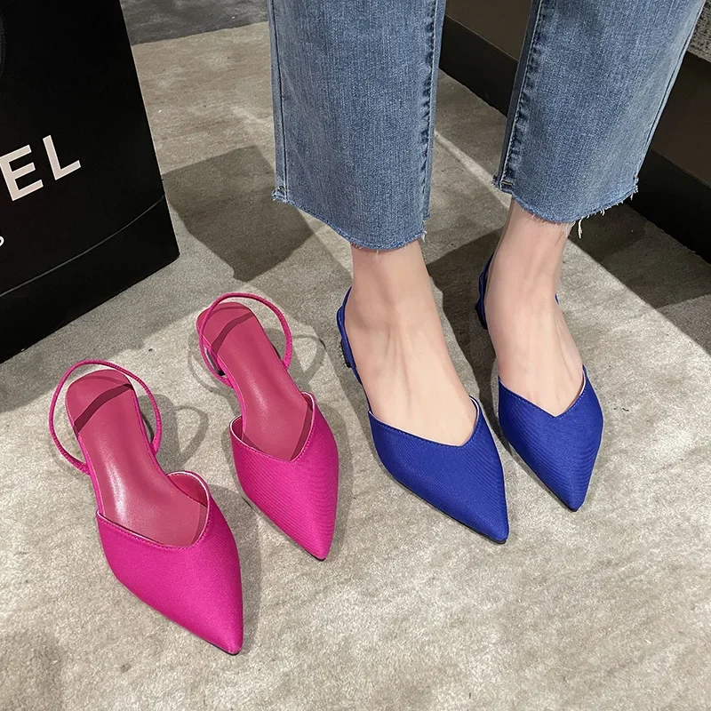 Nowe letnie damskie buty na wysokim obcasie ze spiczastym noskiem płytkie sandały buty z na niskim obcasie tyłu na ramiączkach damskie czółenka