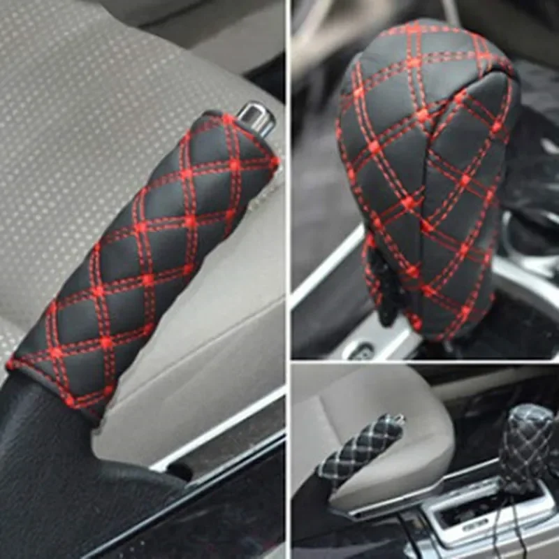 2Pcs Car Handbrake Gear Shift Knob Cover Case Faux Leather Hand Brake Protect Car Interior Decor Most Case Sleeve White Red