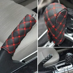 2Pcs Car Handbrake Gear Shift Knob Cover Case Faux Leather Hand Brake Protect Car Interior Decor Most Case Sleeve White Red