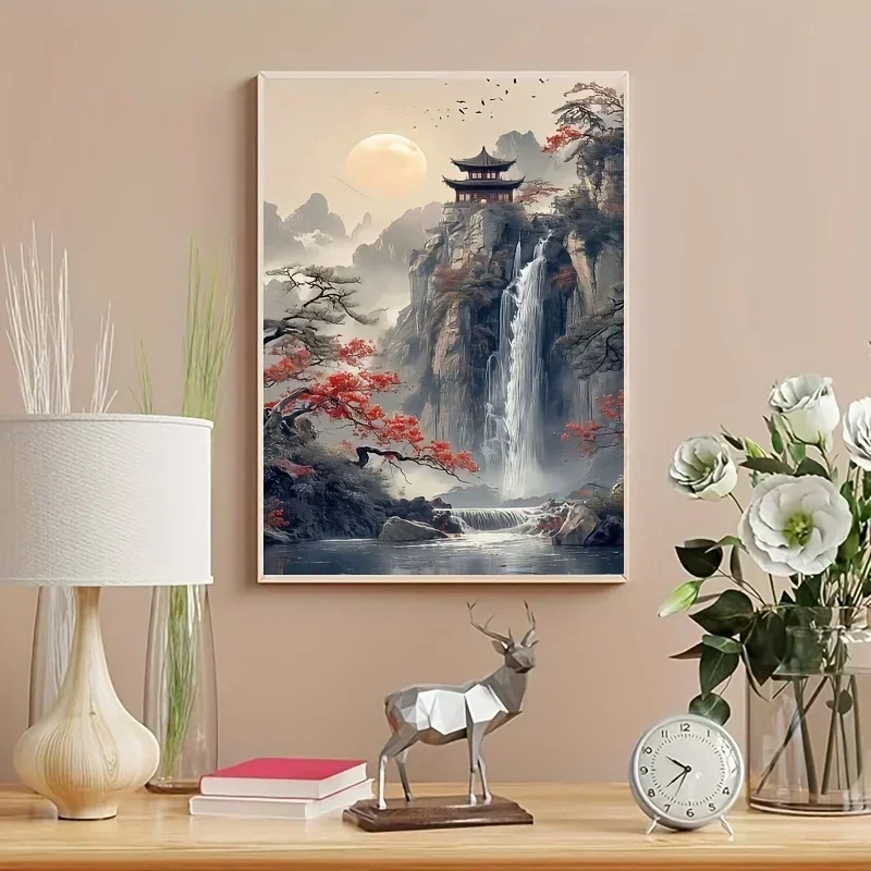 Professional Art Use A Digital Oil Painting Kit Titled 'Beautiful Scenery of The Ancient Pavilion Under The in The Mountains', D