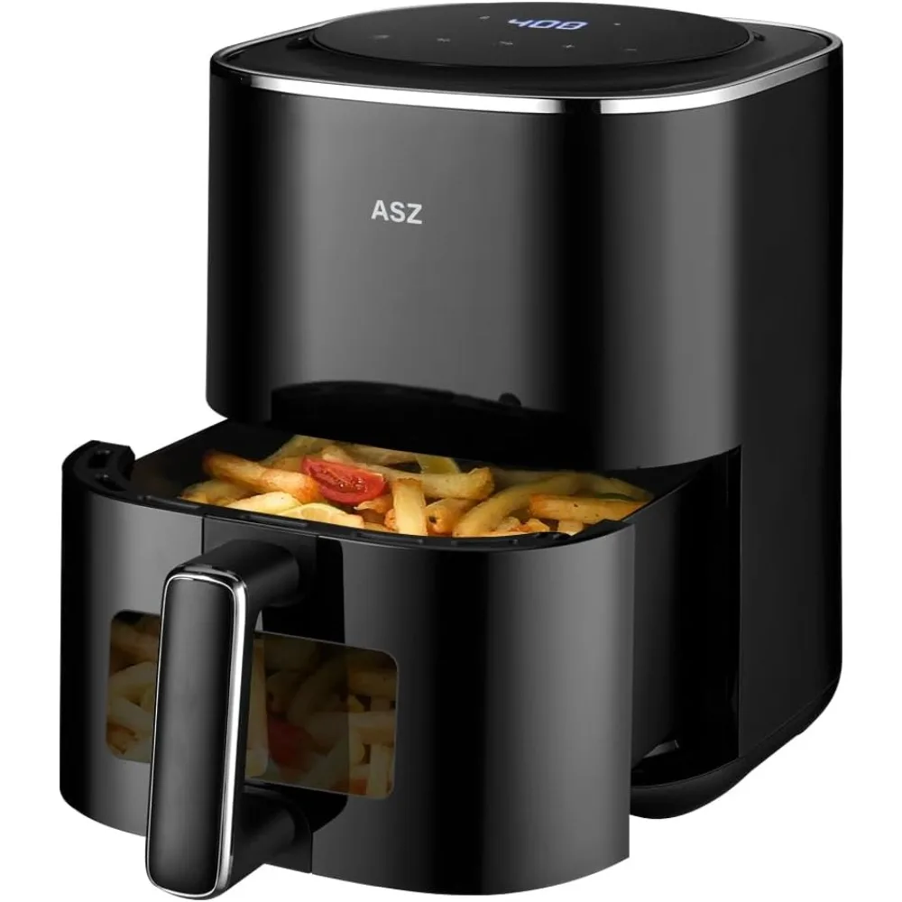 ASZ Digital Air Fryer 4.5qt with Window  8 Presets Bake Toast Broil Reheat Bacon Black 400°F Airfryer 85% Oil Less