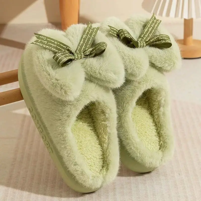 

Women's Closed Toe Plush Cotton Slippers with Bowknot Fleece Lined Warm Indoor Home 2025 New Autumn Winter Cozy Slippers
